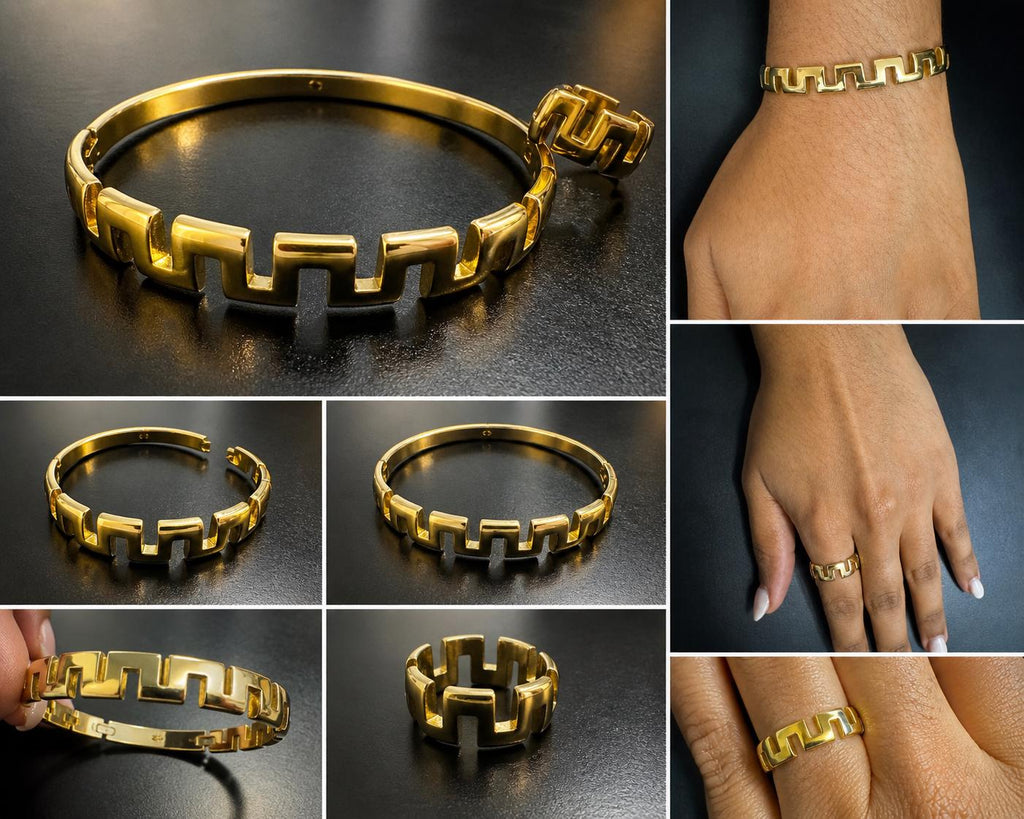 Gold Plated Geometric Bracelet and Ring Set