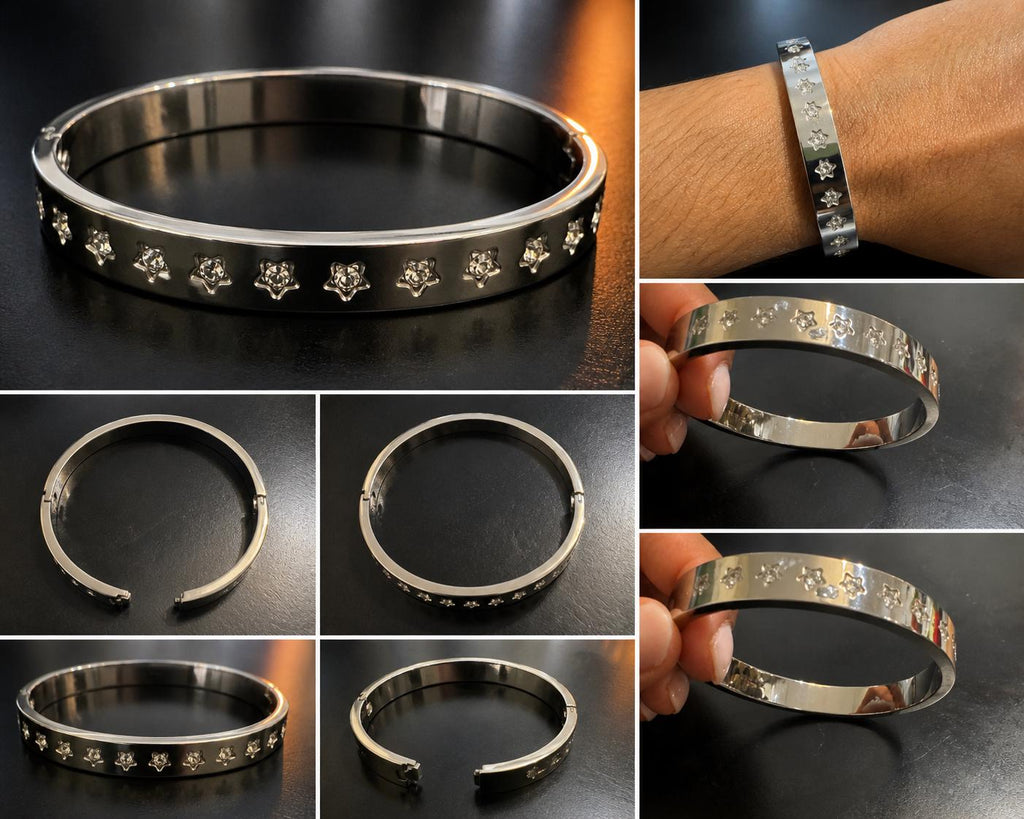 Silver Star Crystal Bangle Braceles - Stainless Steel Minimalist Cuff