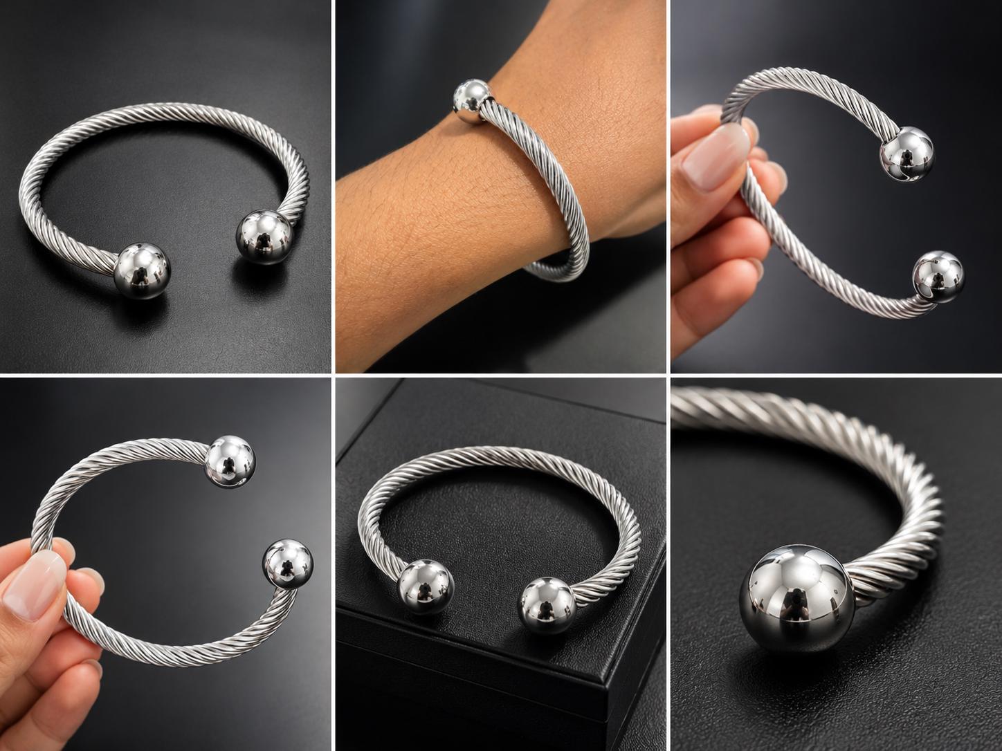 Silver Twisted Cuff Bracelet | Stainless Steel Rope Bangle