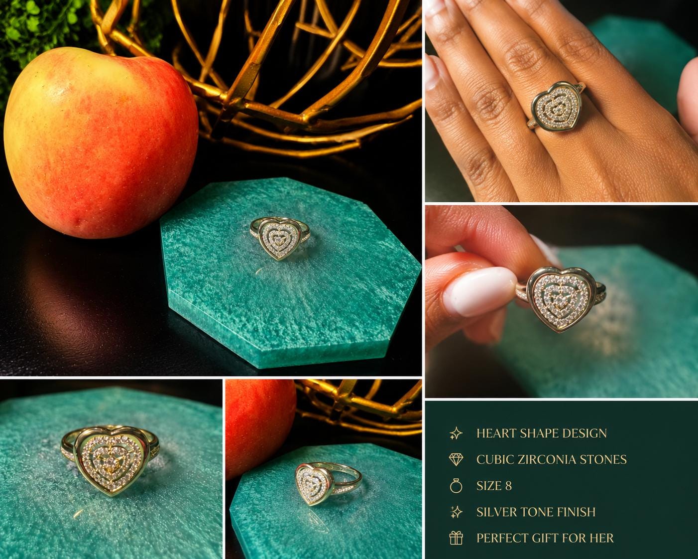 Gold Heart Halo Ring – Size 8