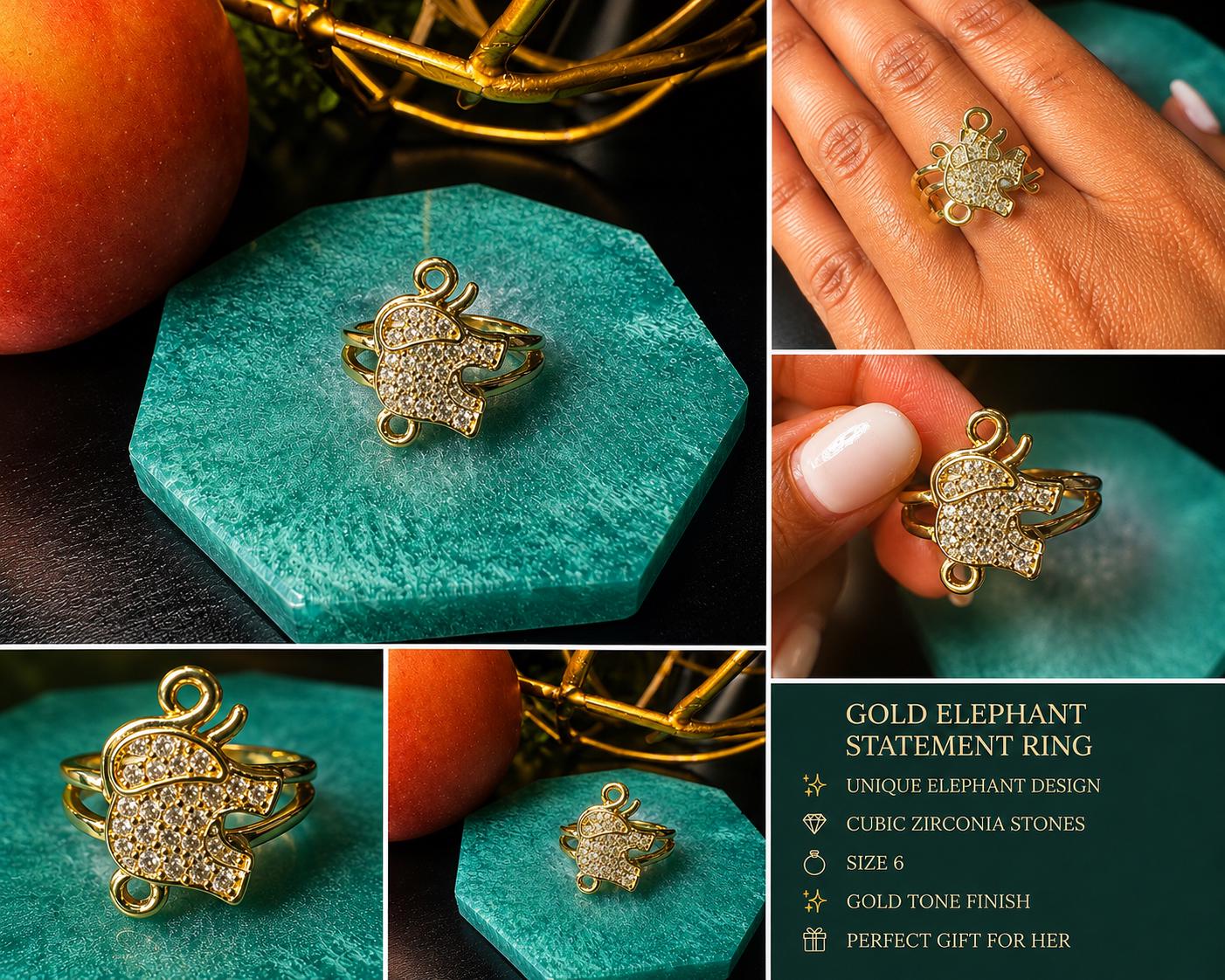 Gold Plated Crystal Elephant Ring