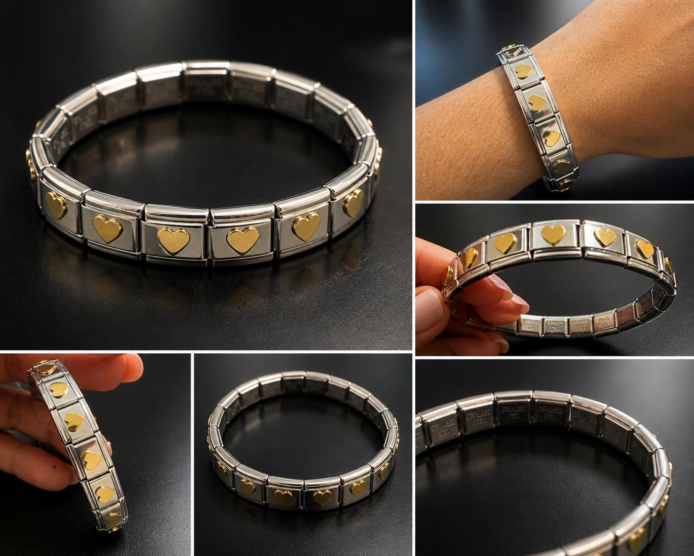 Silver & Gold Heart Link Bracelet - Stainless Steel Stretch Bracelet